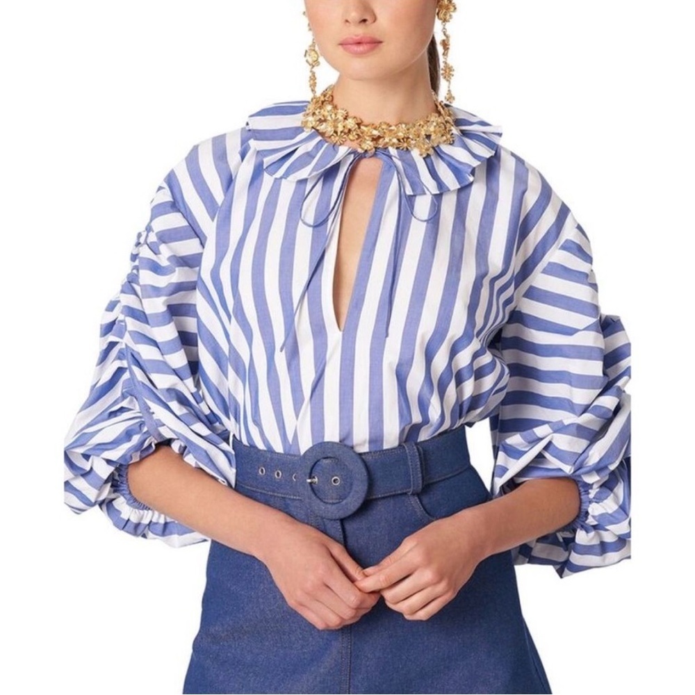 Carolina Herrera New York Size 4 Ruffled Stiped Cotton-Poplin Blouse Blue White